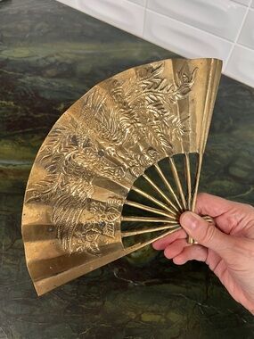 Vintage brass fan wall asian decor oriental brass Phoenix bird